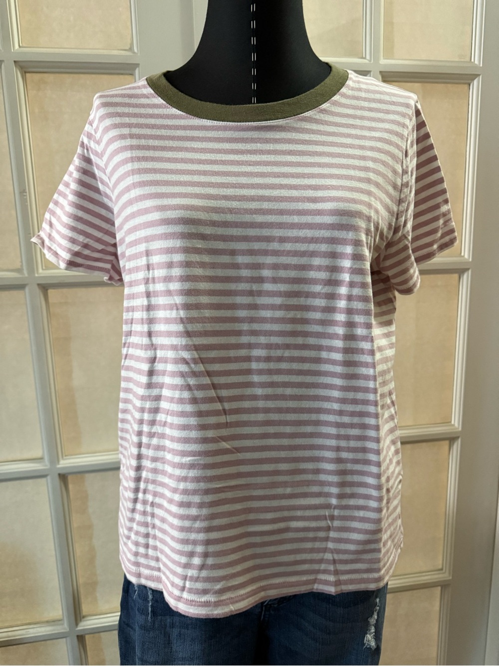 Madewell Pink & White Striped Short-Sleeve Tee with Olive Neck